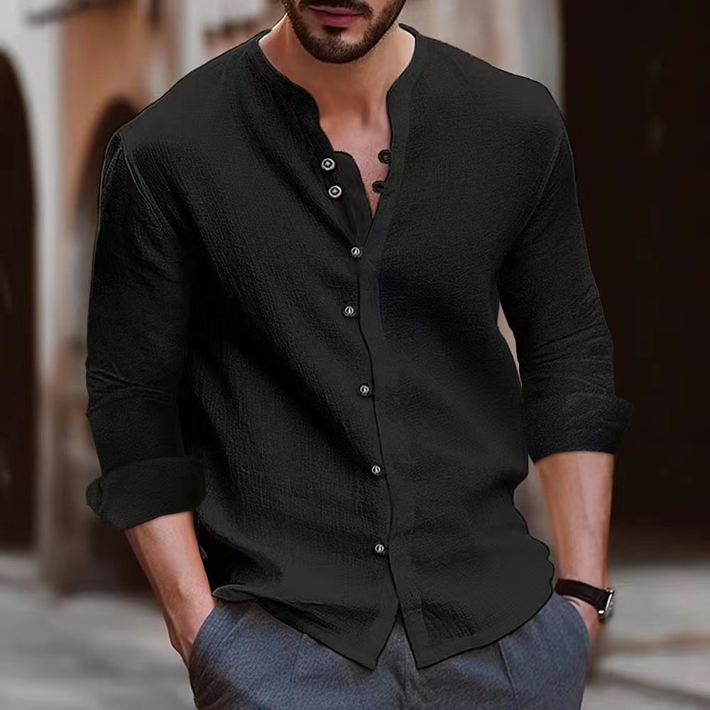 Chemise à col mandarin homme à manches longues en tissu léger 2