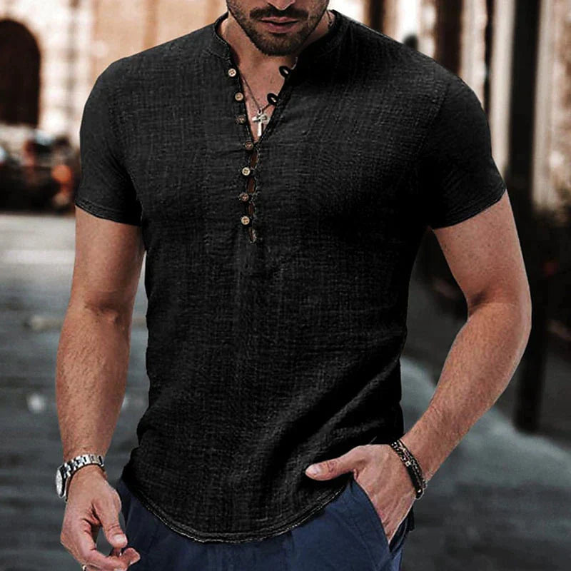 Chemise en lin homme Henley à manches courtes, style décontracté 2