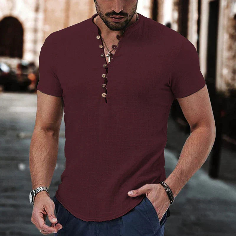 Chemise en lin homme Henley à manches courtes, style décontracté 4