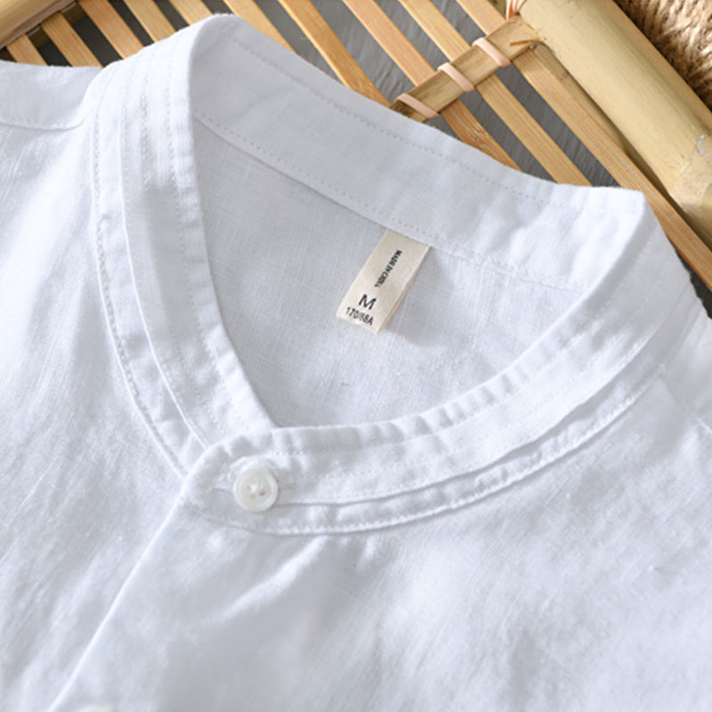 Chemise en lin homme à col mandarin, manches 3/4 élégante 2