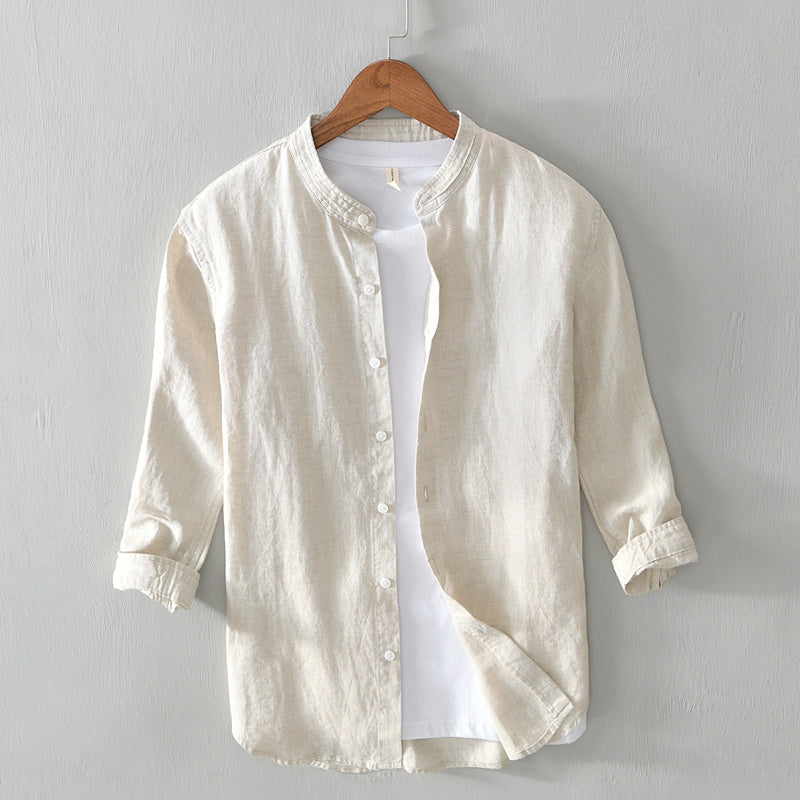 Chemise en lin homme à col mandarin, manches 3/4 élégante 9