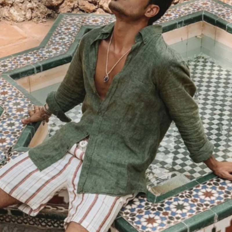 Chemise en lin homme à manches longues, coupe décontractée 4