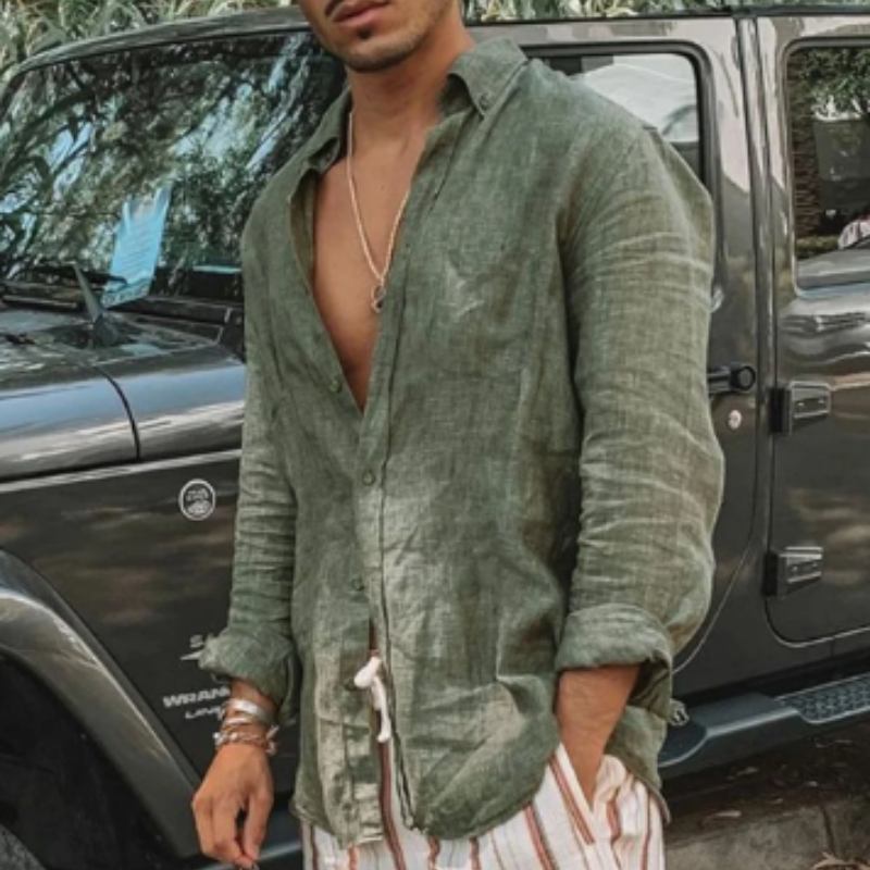 Chemise en lin homme à manches longues, coupe décontractée 5
