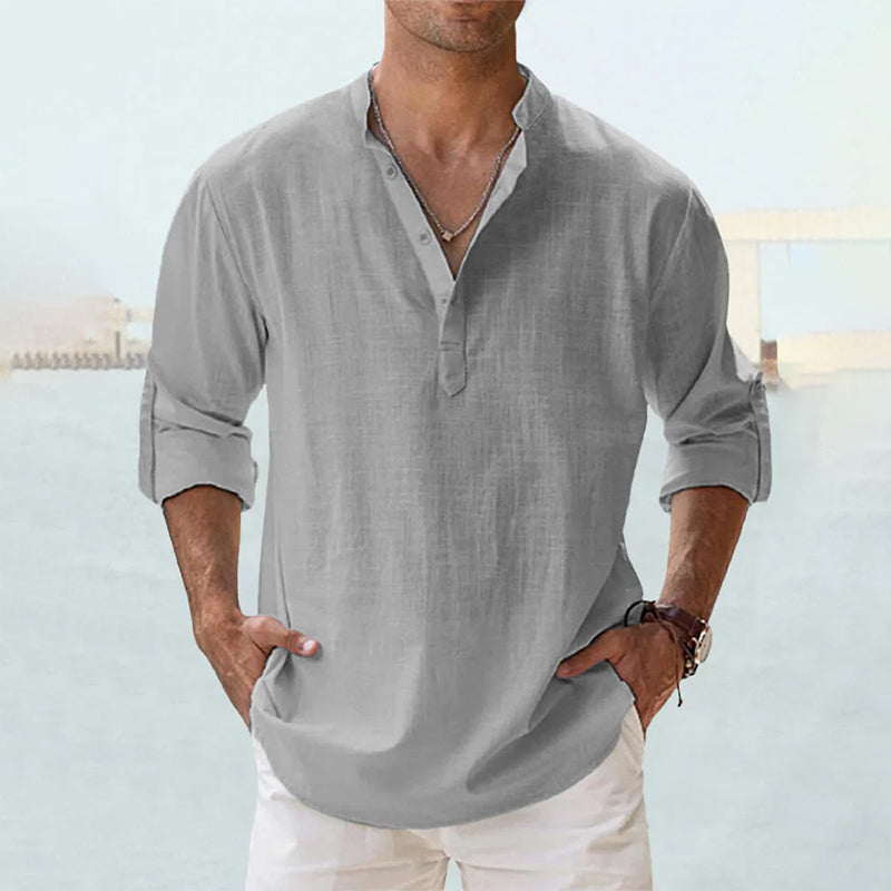 Chemise en lin homme à manches longues avec col Henley 11