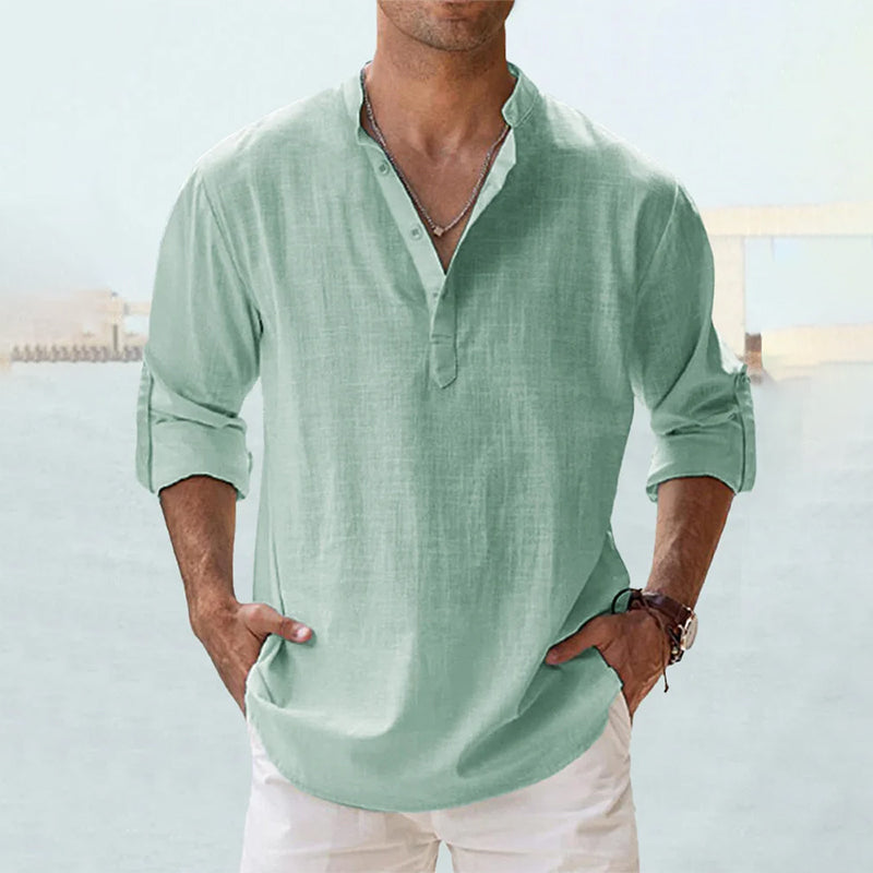 Chemise en lin homme à manches longues avec col Henley 12