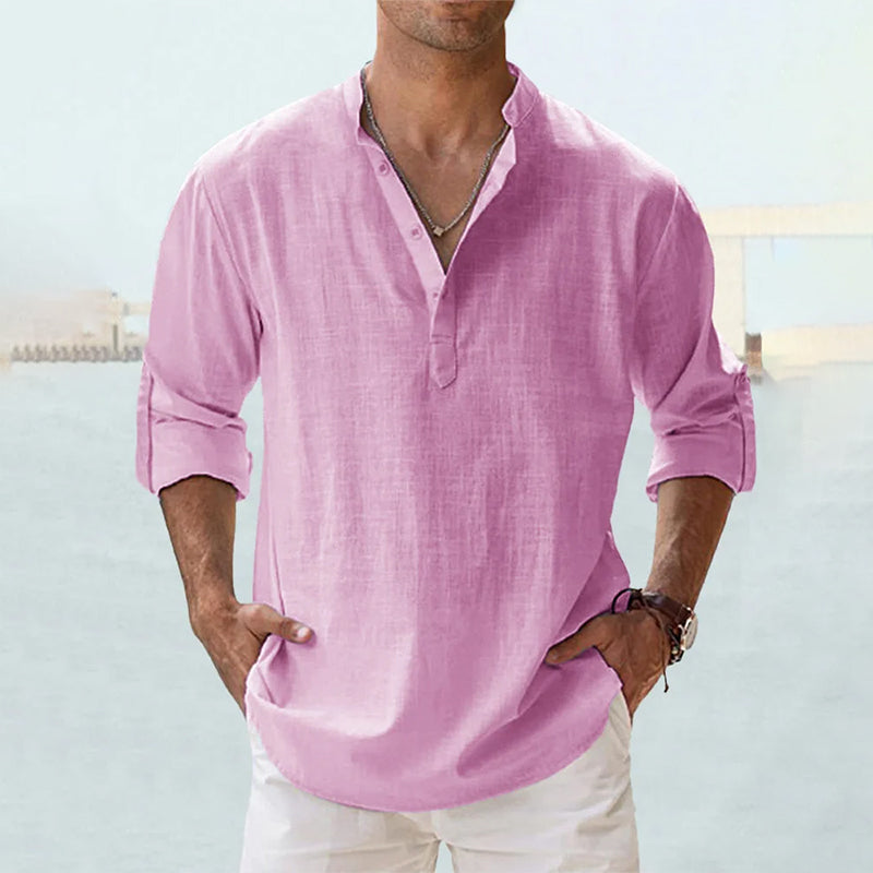 Chemise en lin homme à manches longues avec col Henley 5
