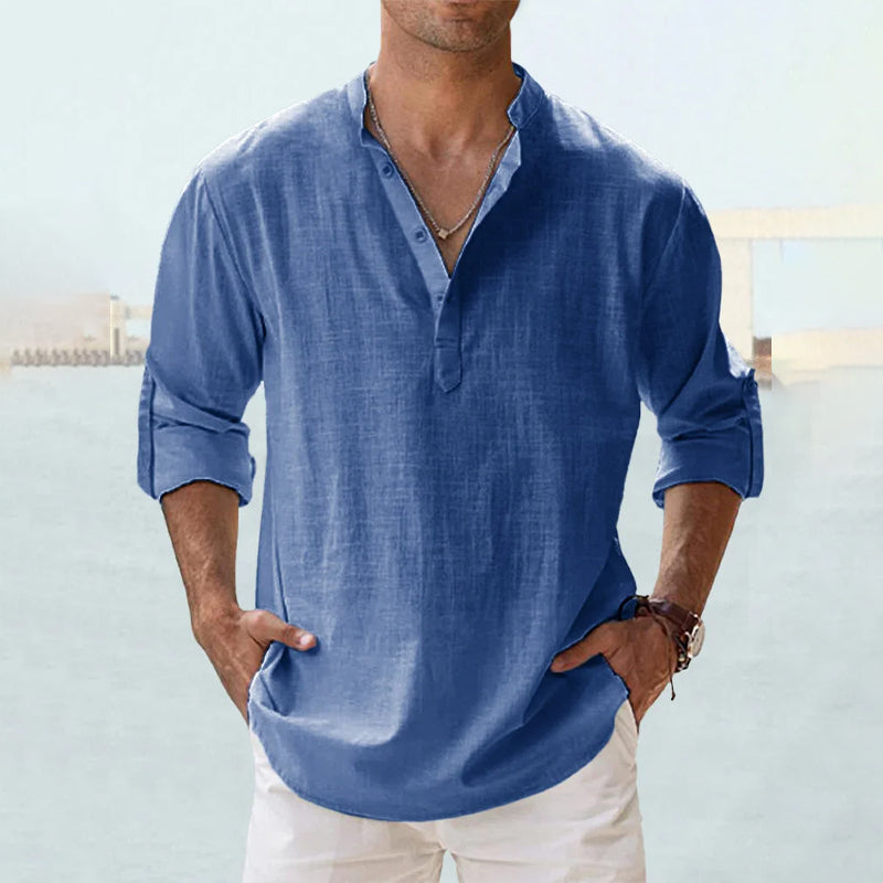 Chemise en lin homme à manches longues avec col Henley 7