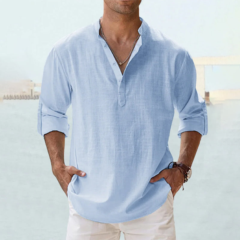Chemise en lin homme à manches longues avec col Henley 8