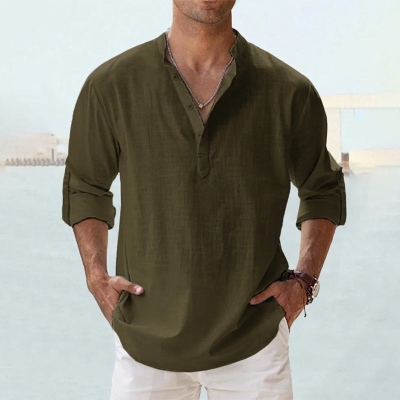 Chemise en lin homme à manches longues avec col Henley 9