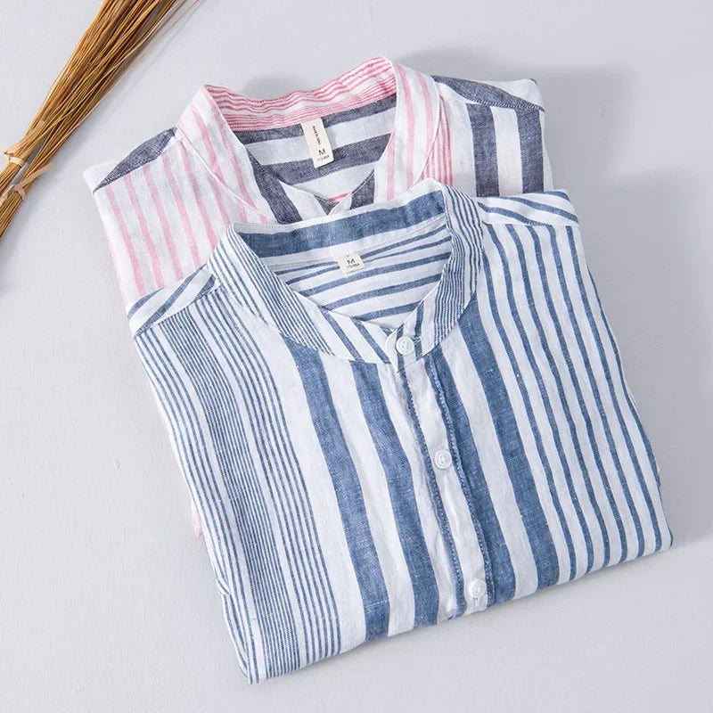 Chemise en lin rayée homme avec col mandarin 7