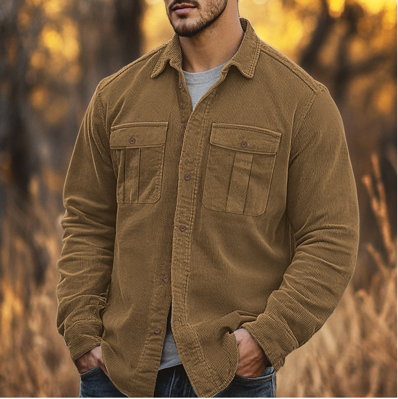 Chemise en velours côtelé pour homme, coupe ajustée élégante 2
