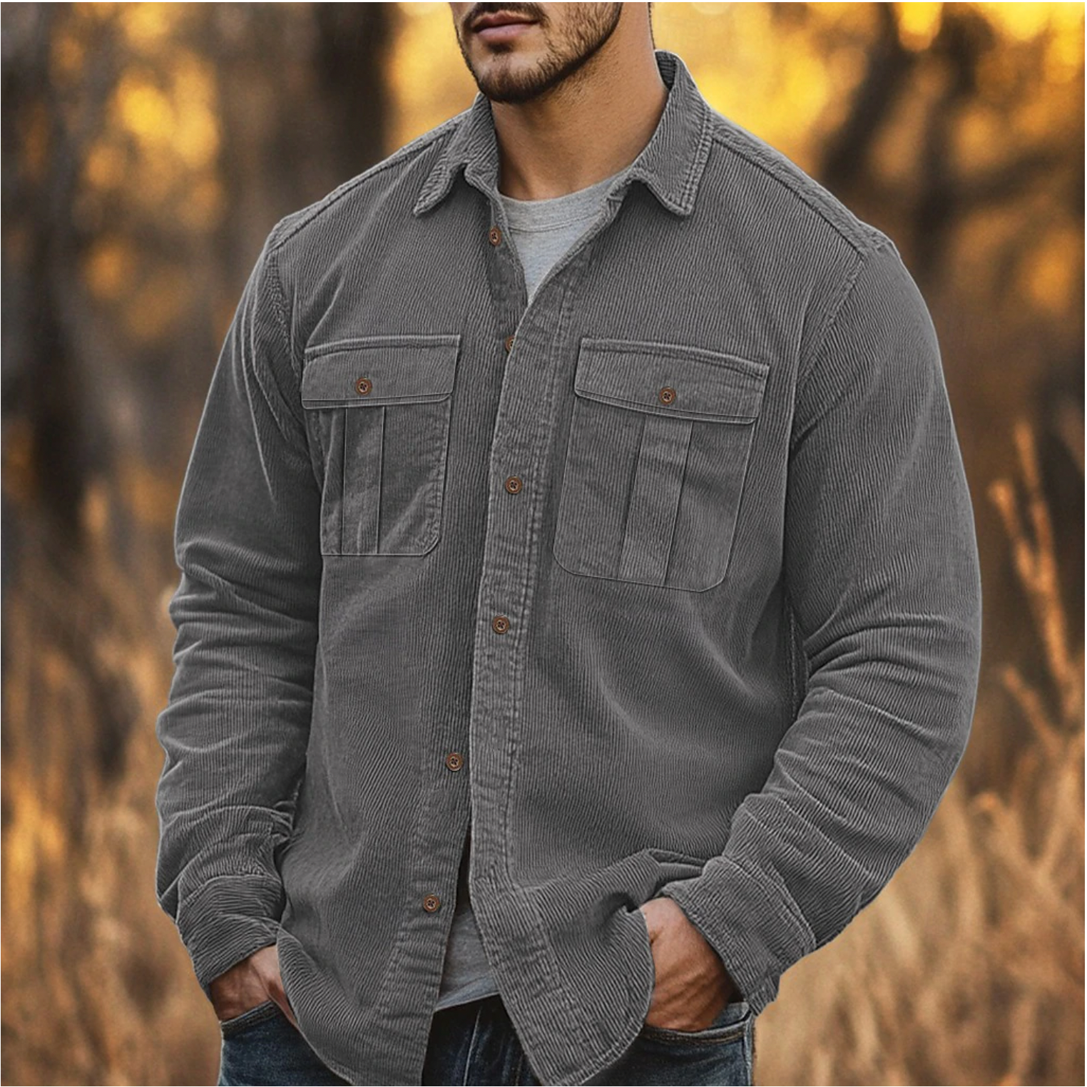 Chemise en velours côtelé pour homme, coupe ajustée élégante 5