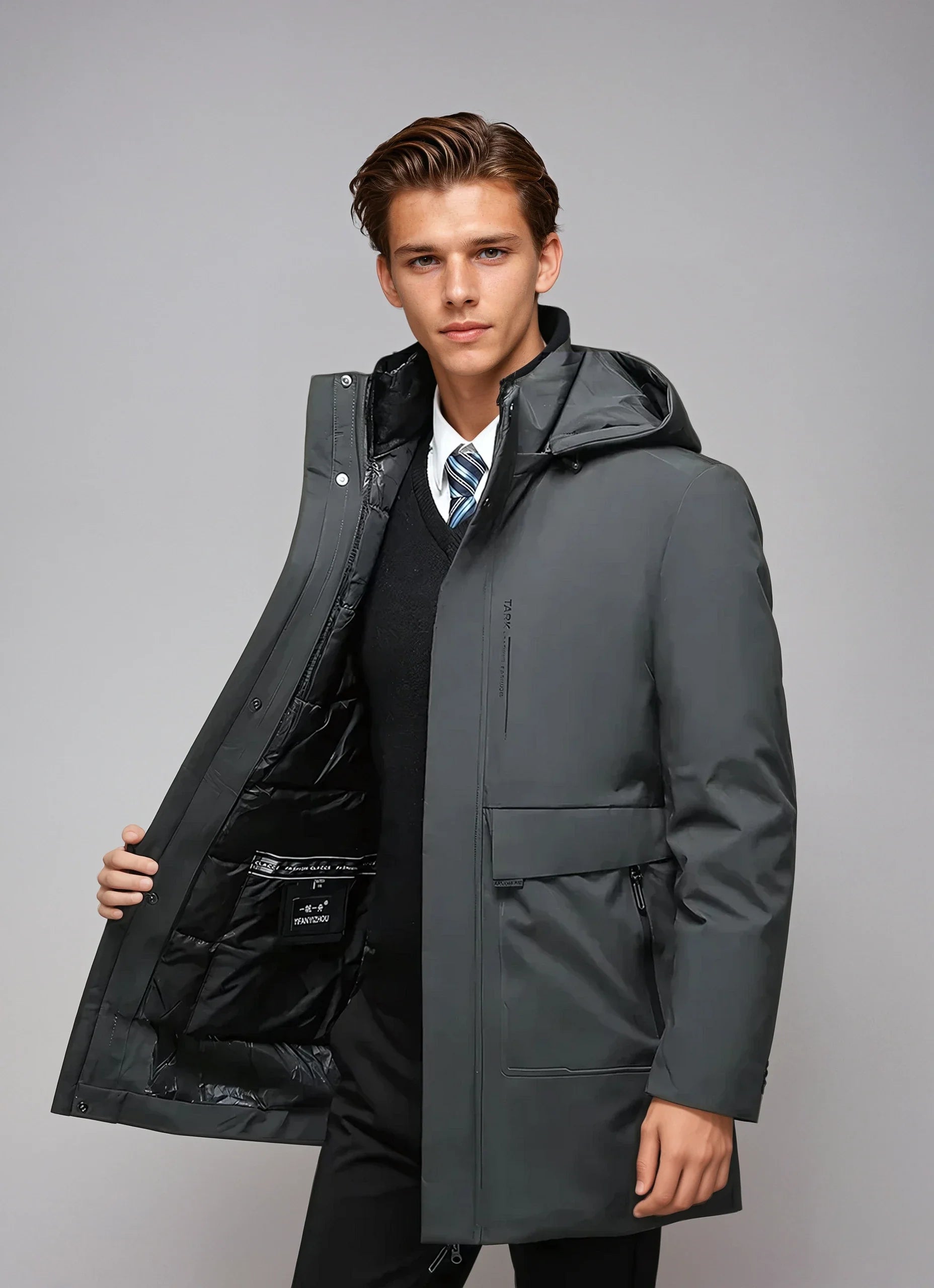 Parka d'hiver homme imperméable avec capuche et poches zippées 3