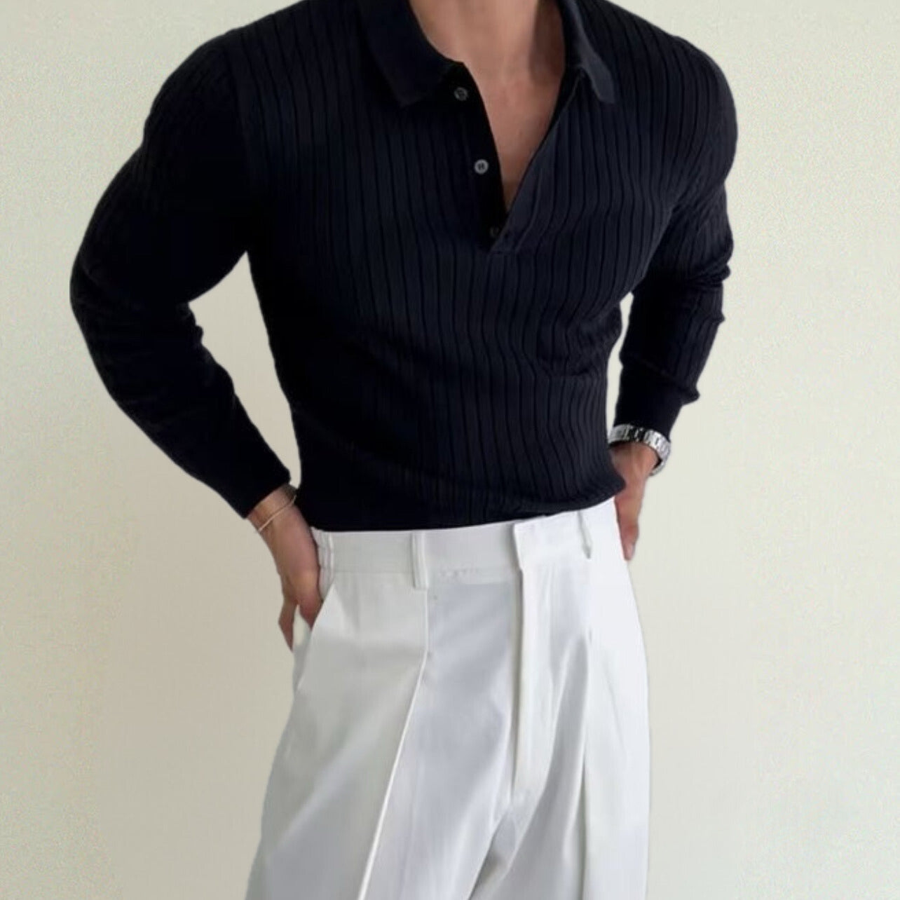 Polo Manche Longue Homme en Coton Classique avec Col Épuré 3
