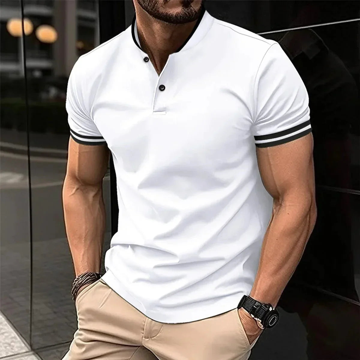 Polo manche longue homme en coton moderne avec col relevé 5