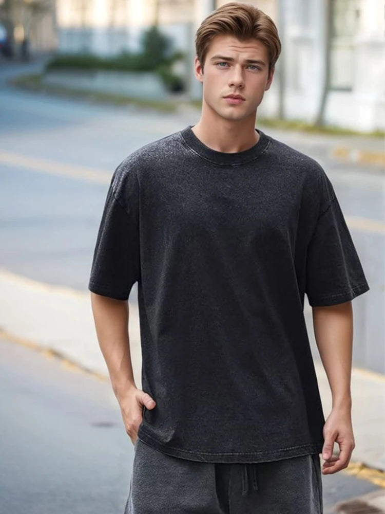 T-Shirt Oversize Homme en Coton Lourd Style Vintage 1
