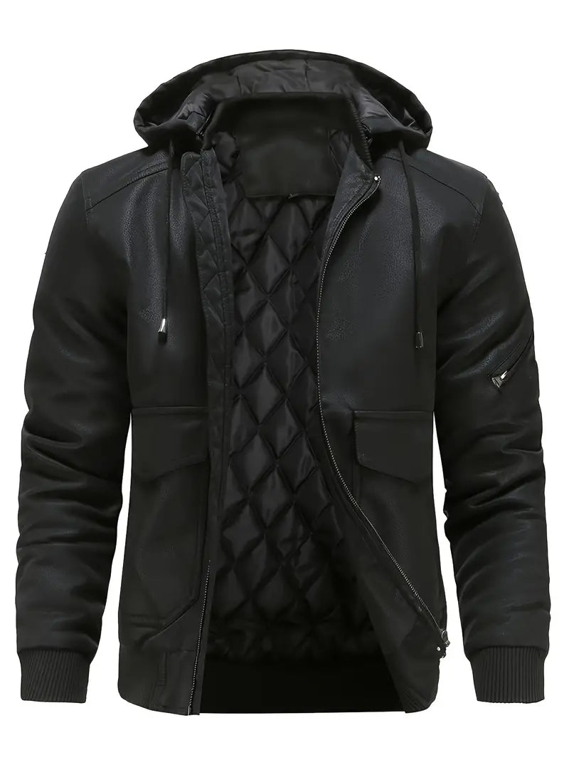 Veste en cuir homme élégante avec capuche pour l'hiver 2