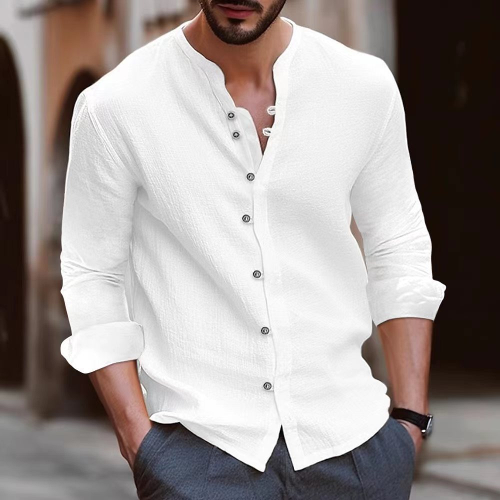 Chemise à col mandarin homme à manches longues en tissu léger 0