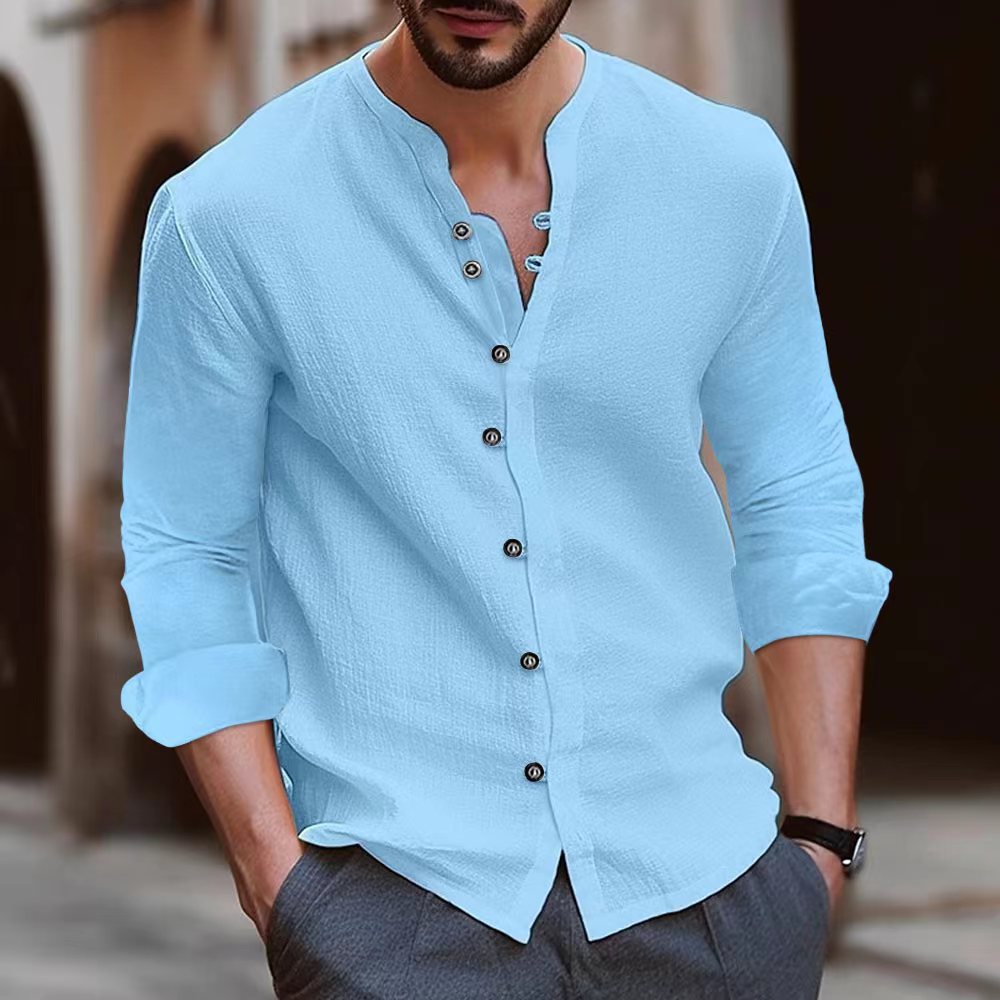 Chemise à col mandarin homme à manches longues en tissu léger 1
