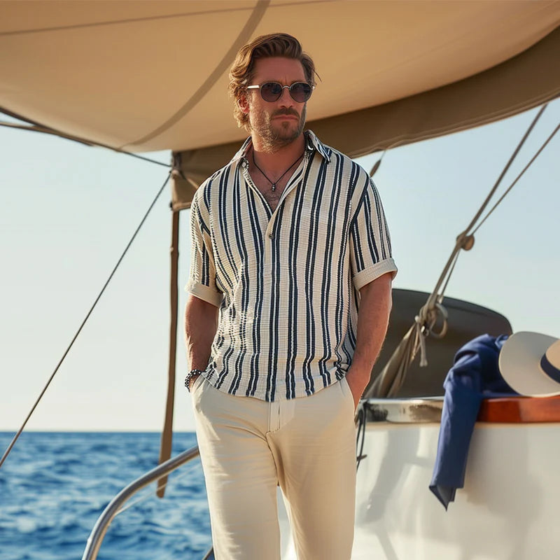 Chemise à rayures homme en coton à col en V 1
