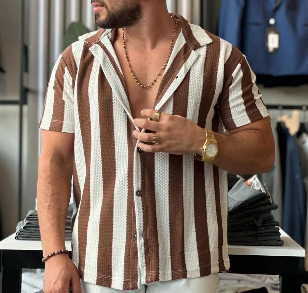 Chemise à rayures légère manche courte homme en tissu respirant 0