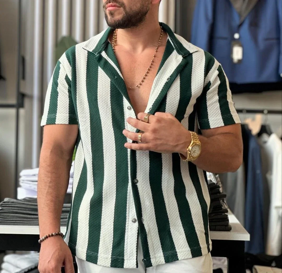 Chemise à rayures légère manche courte homme en tissu respirant 3