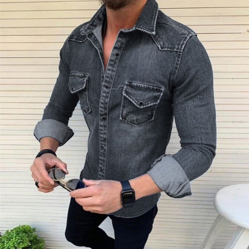 Chemise en denim homme slim en coton durable 0