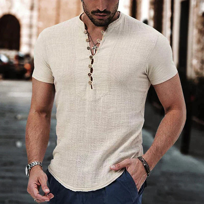 Chemise en lin homme Henley à manches courtes, style décontracté 0