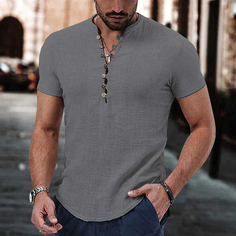 Chemise en lin homme Henley à manches courtes, style décontracté 1