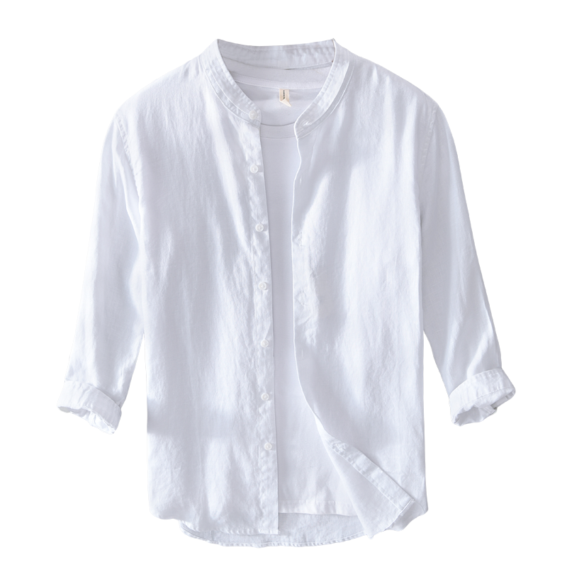 Chemise en lin homme à col mandarin, manches 3/4 élégante 0