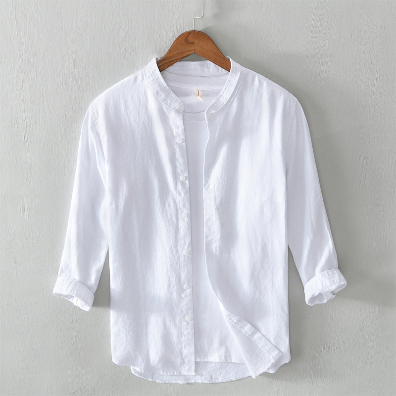 Chemise en lin homme à col mandarin, manches 3/4 élégante 1