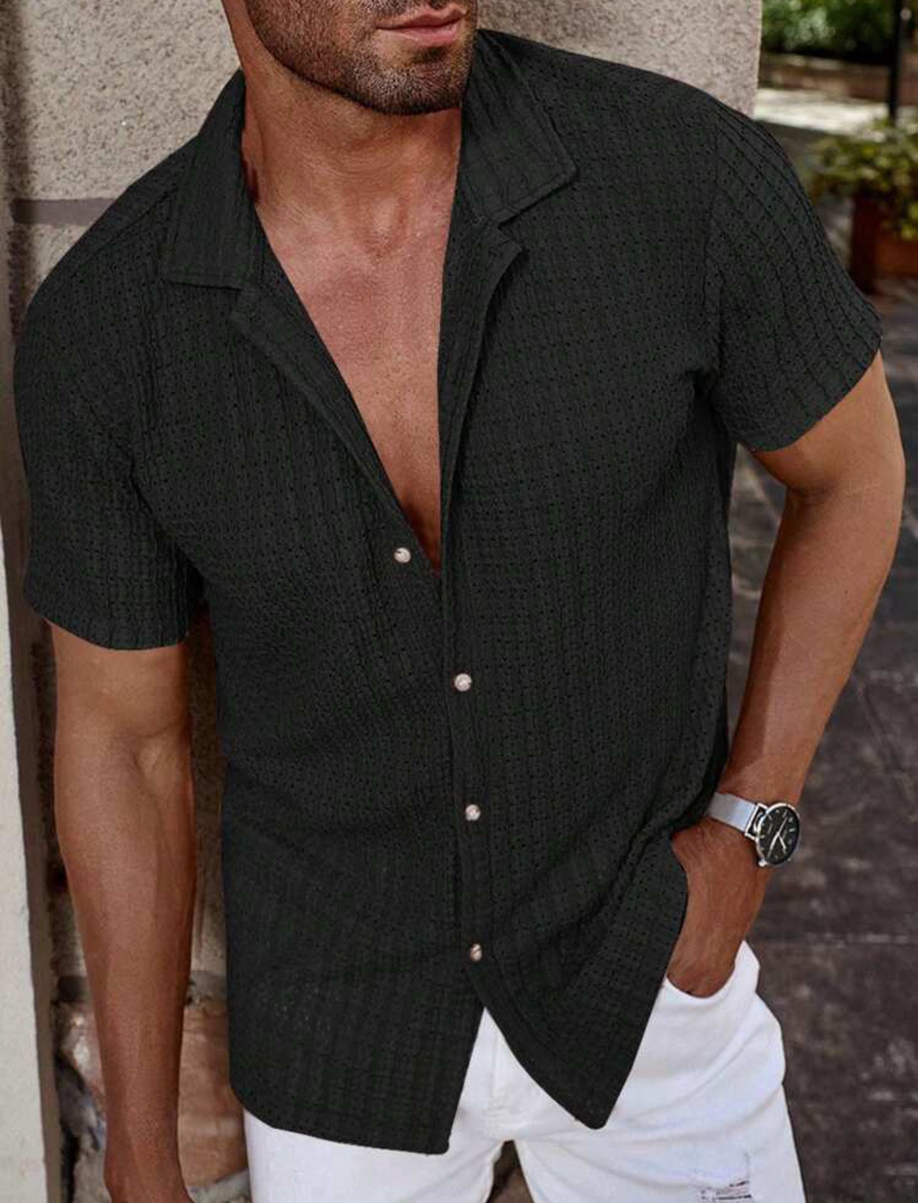 Chemise en lin homme à manches courtes, coupe ajustée 0