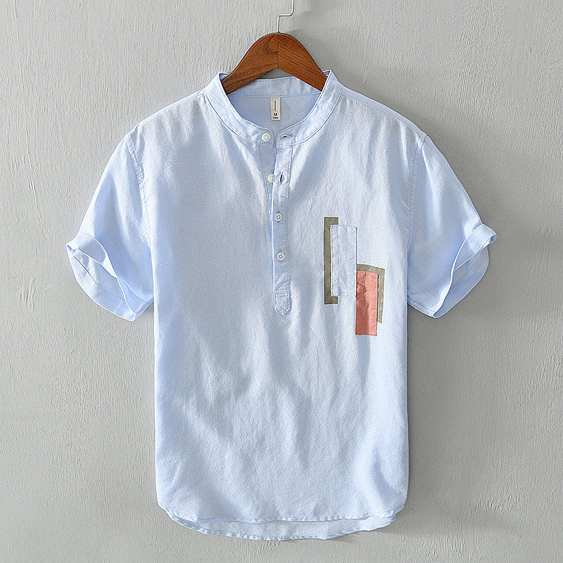 Chemise en lin homme à manches courtes col mandarin élégante 1