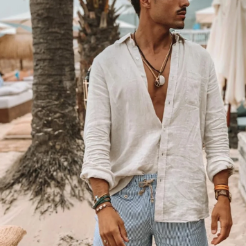 Chemise en lin homme à manches longues, coupe décontractée 1