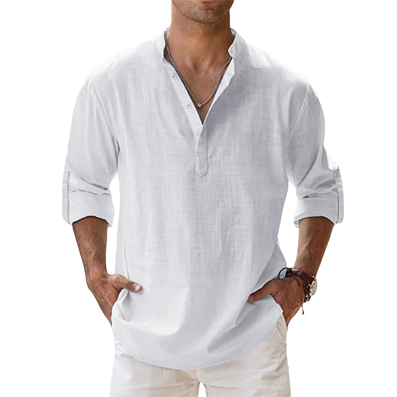 Chemise en lin homme à manches longues avec col Henley 0