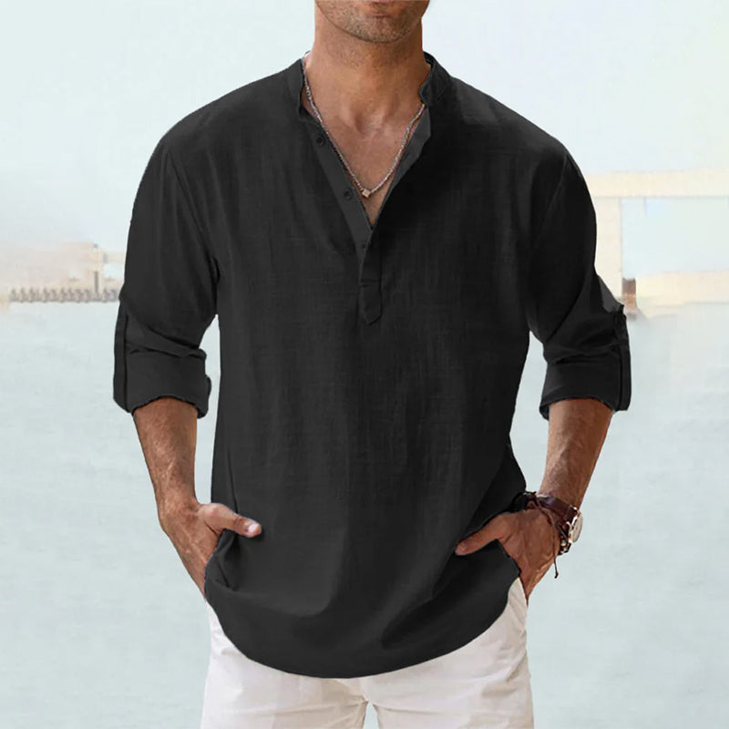 Chemise en lin homme à manches longues avec col Henley 1