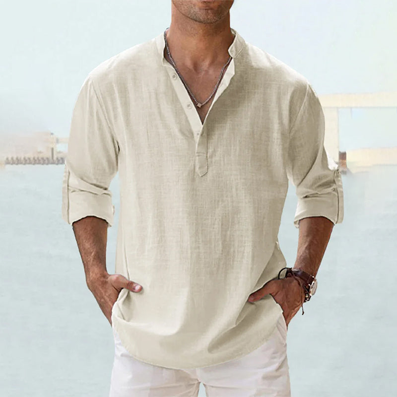 Chemise en lin homme à manches longues avec col Henley 13