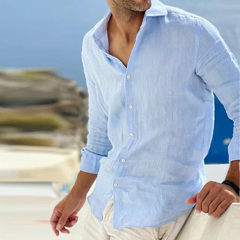 Chemise en lin homme à manches longues avec col à revers 1