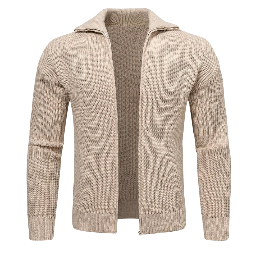 Gilet zippé en laine homme marron clair avec col côtelé 0