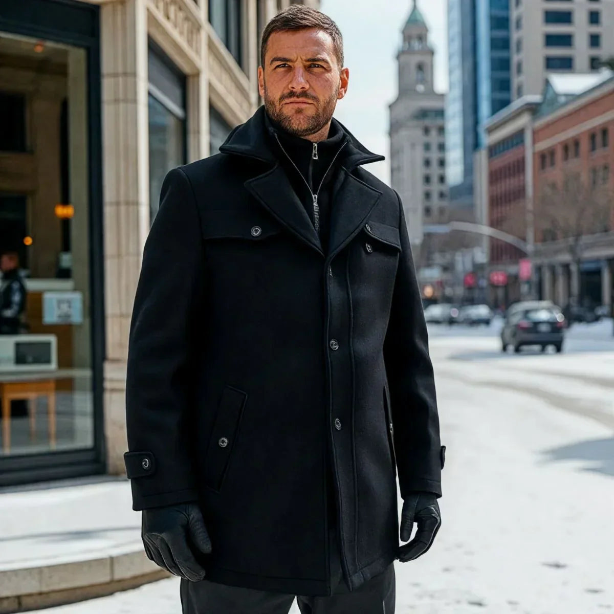 Manteau hiver homme en polyester et laine élégant ajusté 1