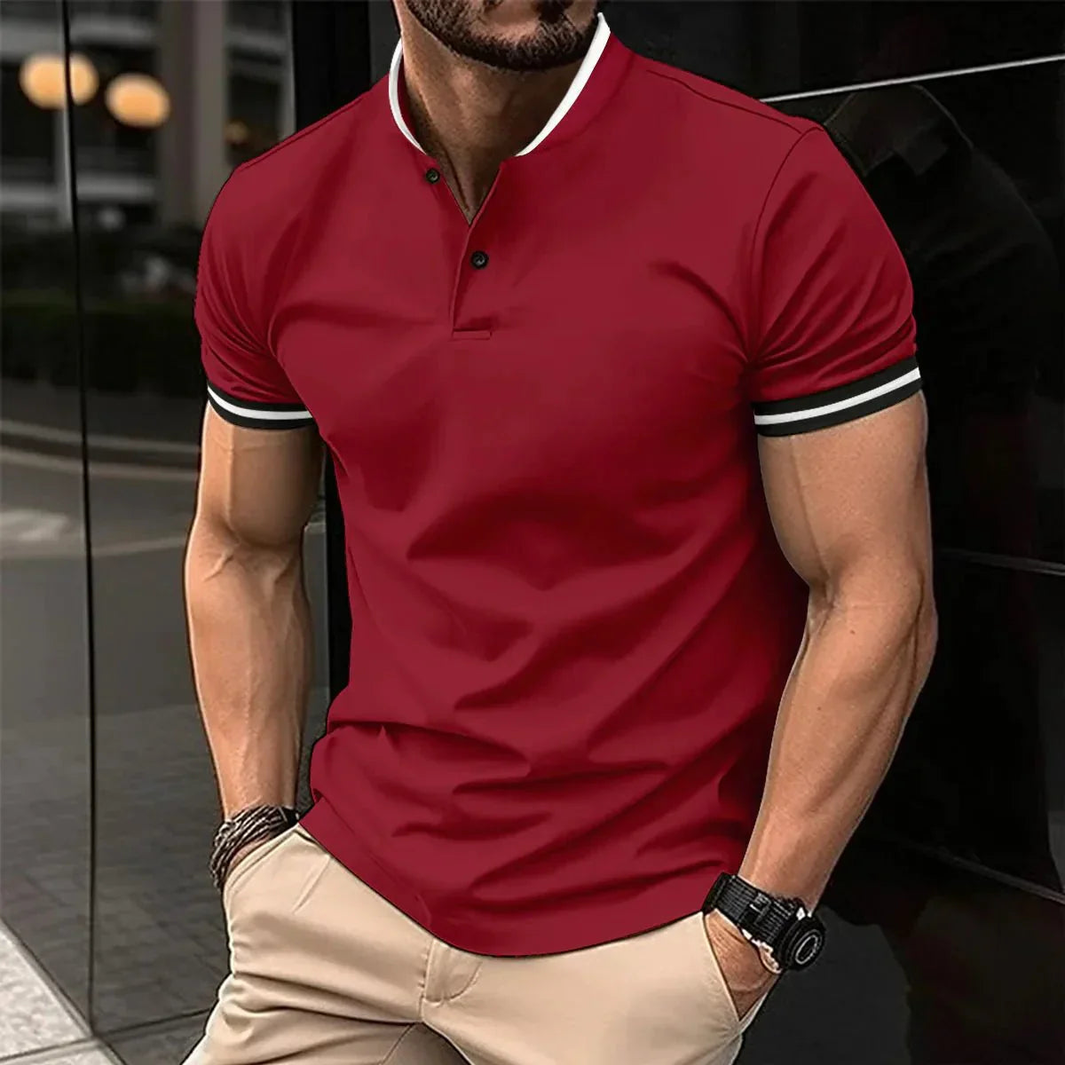 Polo manche longue homme en coton moderne avec col relevé 1