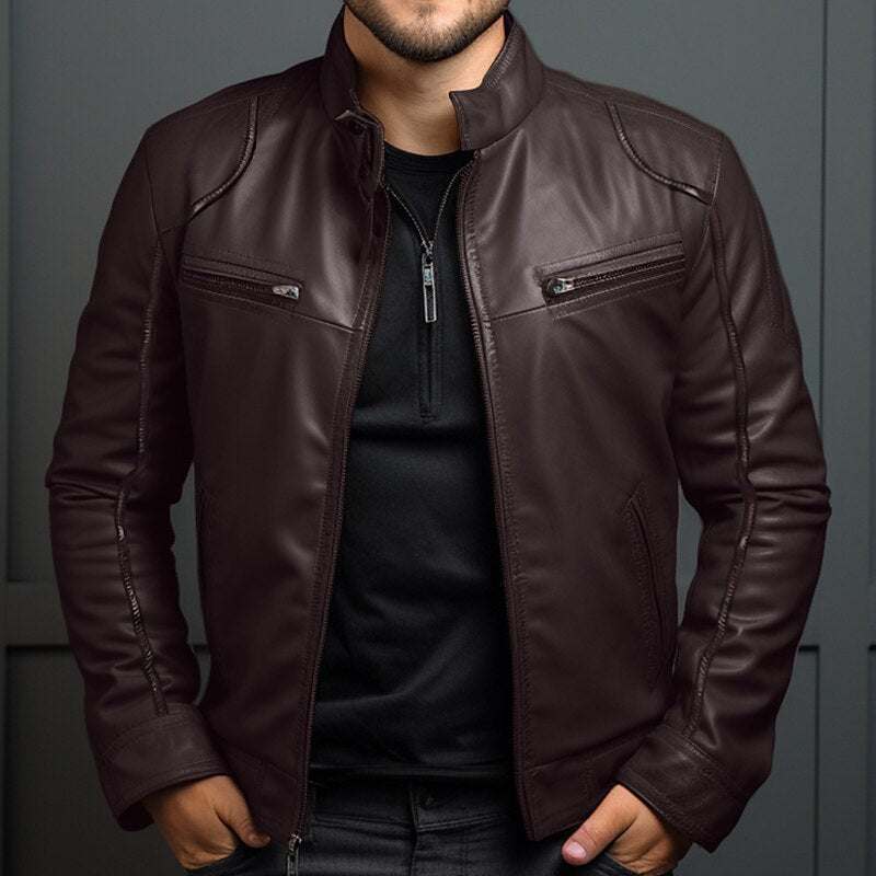 Veste en cuir vintage homme avec fermeture éclair et poches 0